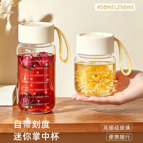 刻度玻璃杯耐高温牛奶杯子家用泡茶杯上班便携提手水杯饮料咖啡杯