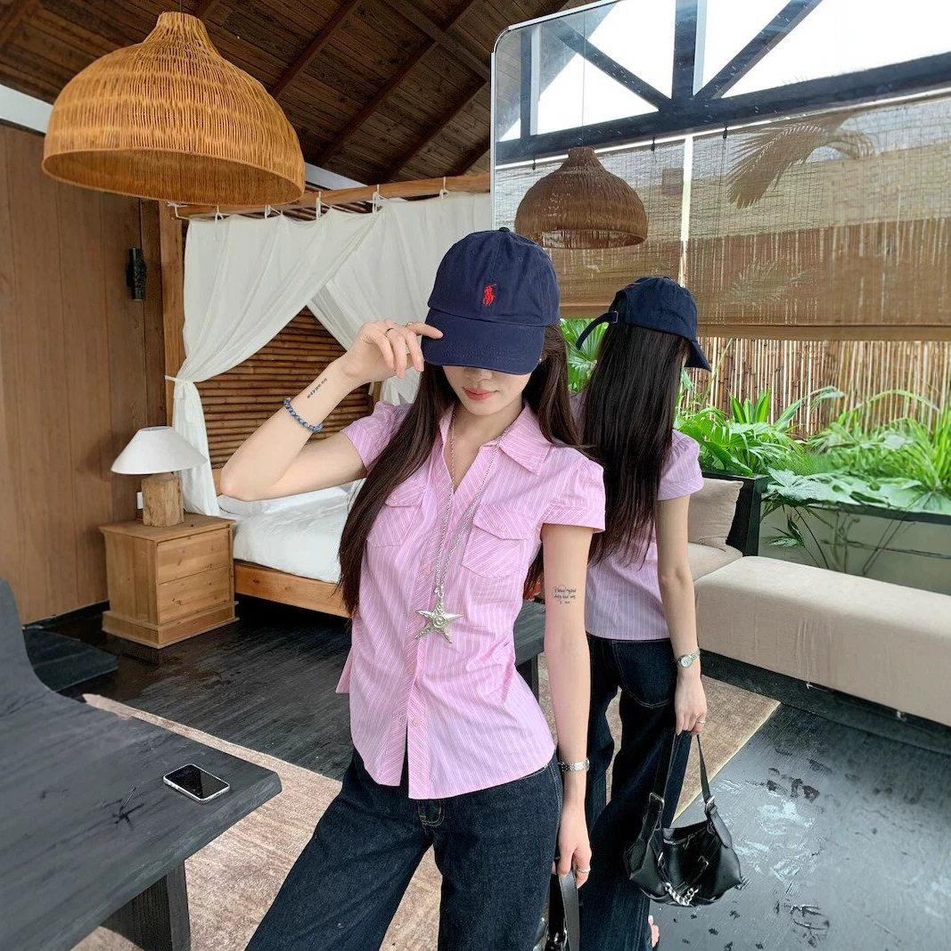 【浅色夏沫】韩系女纯欲粉色条纹正肩掐腰剪设计感衬衫短袖衣夏裁
