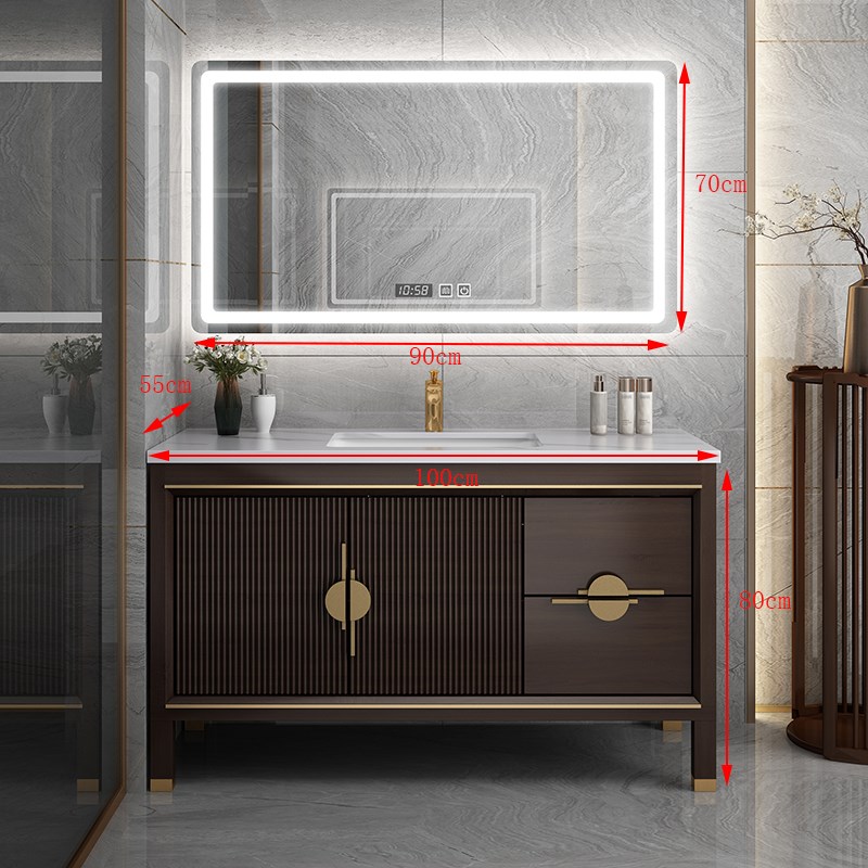 新中式橡木浴室柜组合智能洗脸洗手面盆实木双R盆落地洗漱台卫生