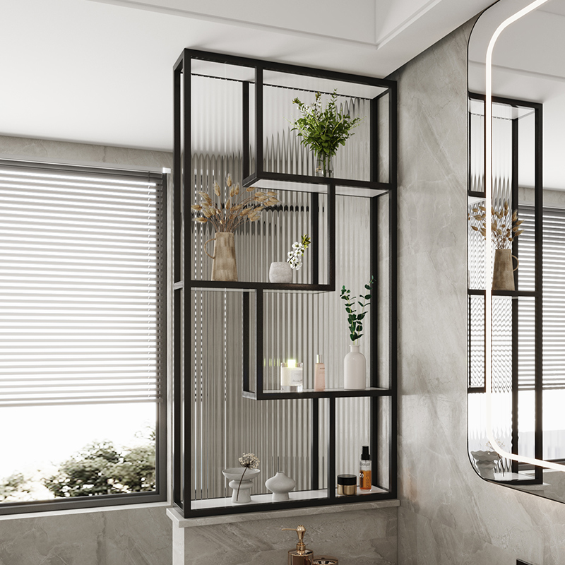 现代简约卫生间半墙玻璃屏风隔断置物架不锈钢轻奢洗手台干湿分离