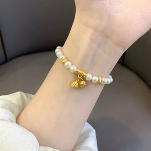 宫廷自创999足金两世欢手v链黄金搭配珍珠弯管手串金珠送情侣礼物