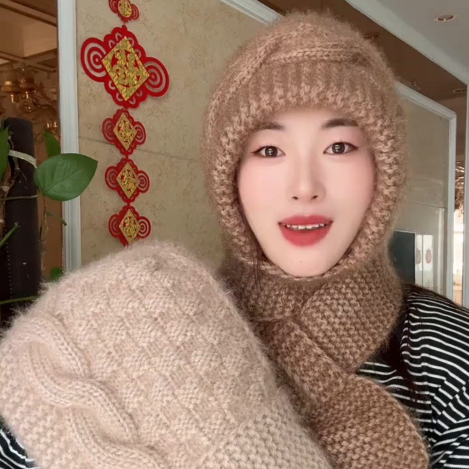 针织帽冬帽女士加厚保暖毛线帽子围巾一体秋冬季大头围户外风雪帽