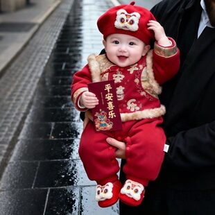 过年拜年服婴儿新中式喜庆男宝宝衣服冬季加厚少爷连体唐装百天周