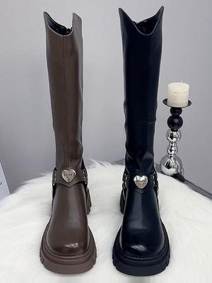 真皮厚底长筒靴女春秋2025新款英伦风加绒增高粗跟骑士靴高筒长靴
