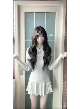 星期一韩系简约白高级感假两件polo针织衫女气质修身百褶裙套装