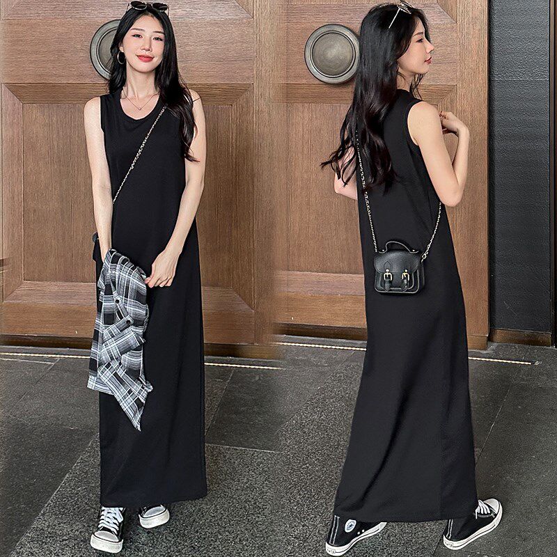黑色吊带连衣裙垂感无袖背心裙女春夏宽松内搭裙子直筒高级感长裙