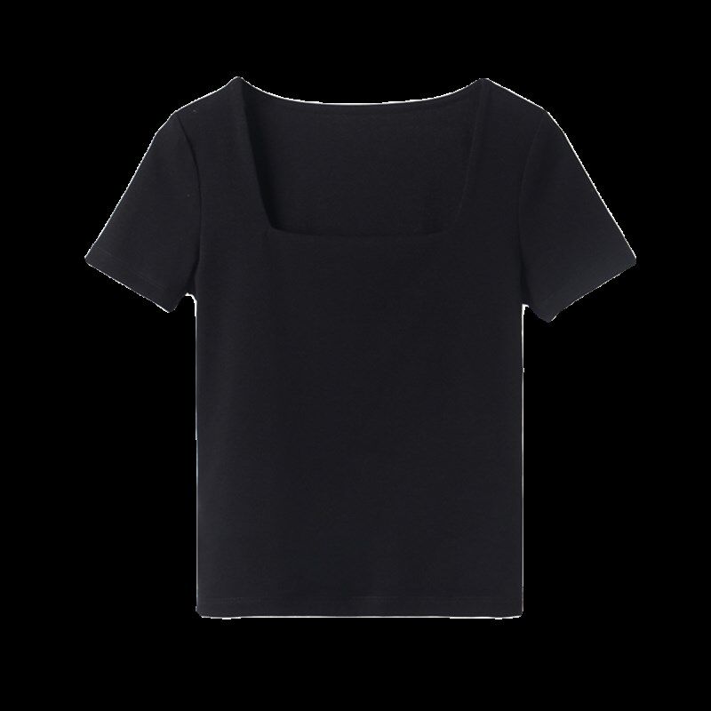 纯棉黑色方领短袖t恤女春夏低领修身露锁骨打底衫内搭紧身u领上衣