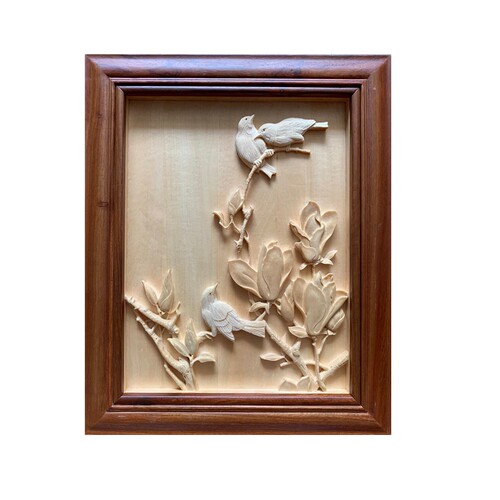 周先荣手工木雕东阳背景墙春夏秋冬四条屏 椴木花鸟雕刻小品