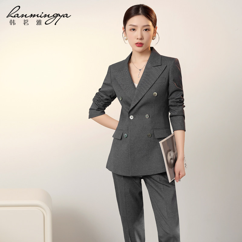 韩茗雅职业西装套装女春秋2024新款时尚深灰色西装外套修身高级感