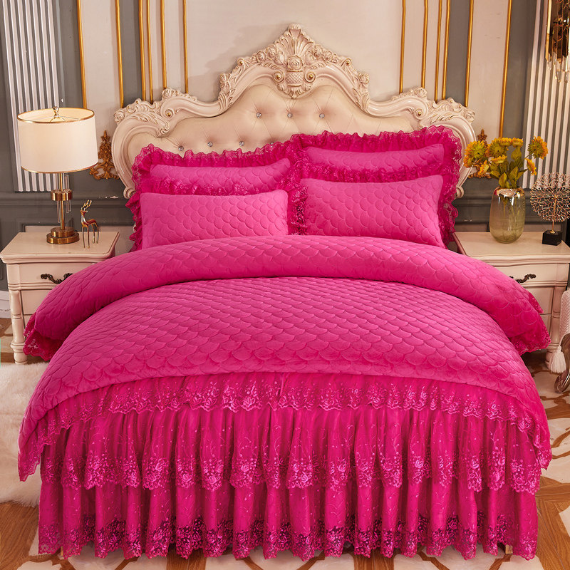 水晶绒夹棉床裙四件套秋冬保暖加厚双人防滑床罩加绒被套4件套