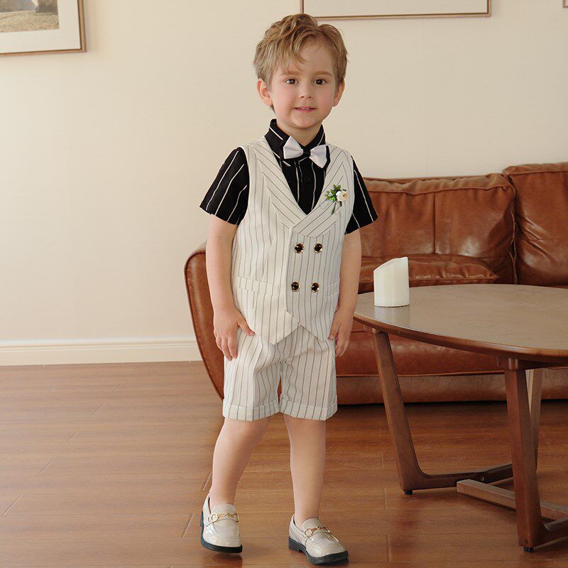 儿童西装套装男童夏季短袖马甲三件套男孩钢琴表演花童主持人礼服
