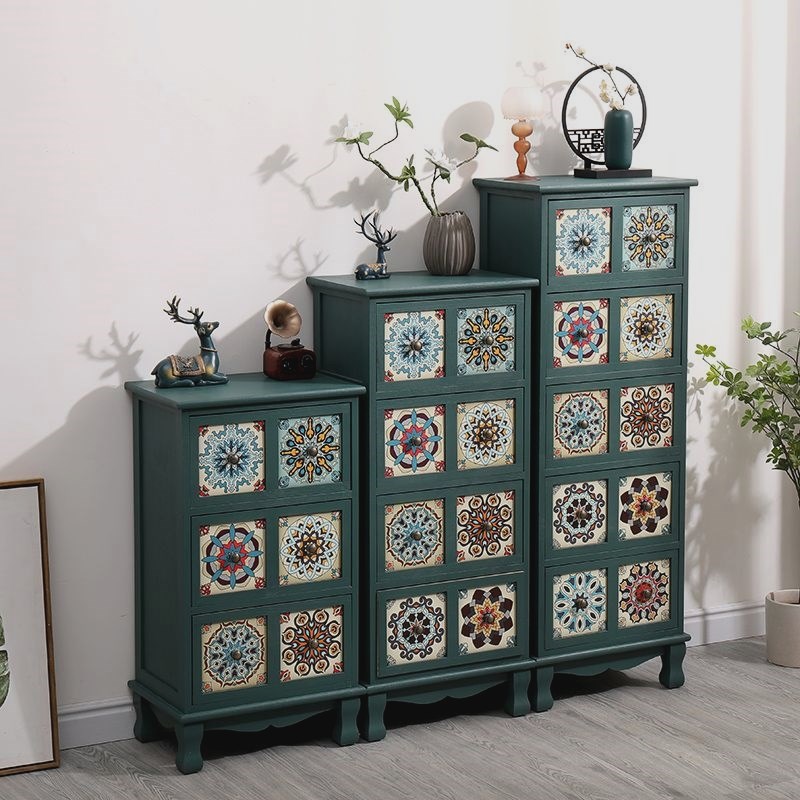欧式实木复古收纳柜彩绘抽屉式客厅储物柜卧室斗柜阳台多层置物柜