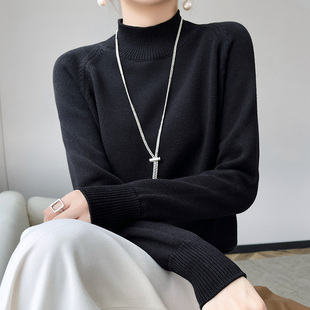宽松全棉线上衣 纯棉线加厚长袖 针织打底衫 女秋冬季 半高领毛衣韩版