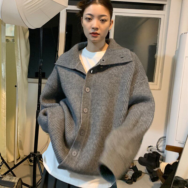 洛边 人手一件!厚实粗棒针织毛衣宽松开衫冬季新款上衣百搭外套