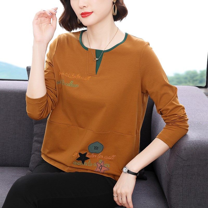 2024春秋装新款妈妈纯棉长袖t恤女中老年宽松大码上衣洋气打底衫