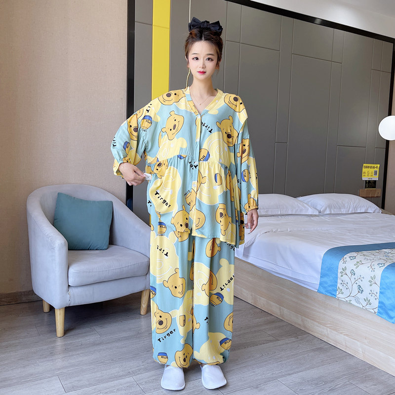 月子服棉绸加大码哺乳睡衣女200斤孕妇春夏秋薄款产后家居服套装