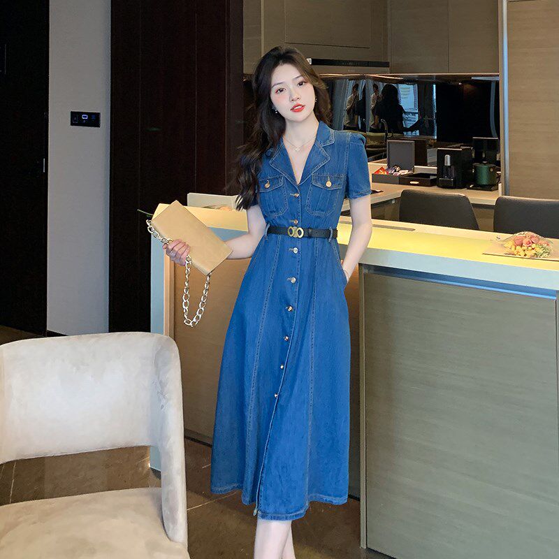 牛仔连衣裙女2024年夏季新款收腰显瘦气质长款过膝短袖牛仔衬衫裙