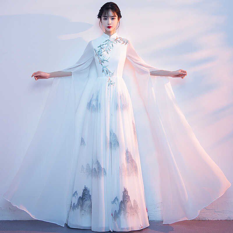大合唱团演出服女2025新款新中式古筝表演服装水墨风主持人礼服裙