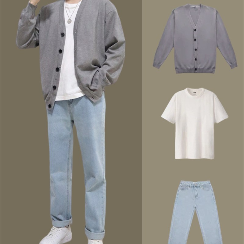 男装新款衣服套装夹克外套春季高级感春装三件套日杂风穿搭牛仔裤