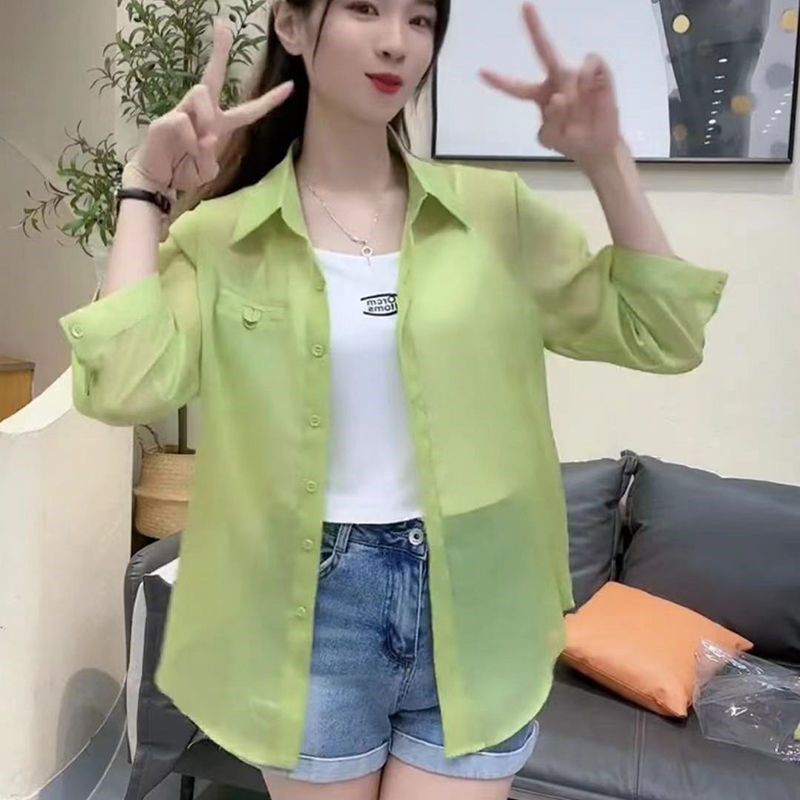 夏季薄款衬衣女装2024年新款潮七分袖上衣防晒衣百搭雪纺衬衫女