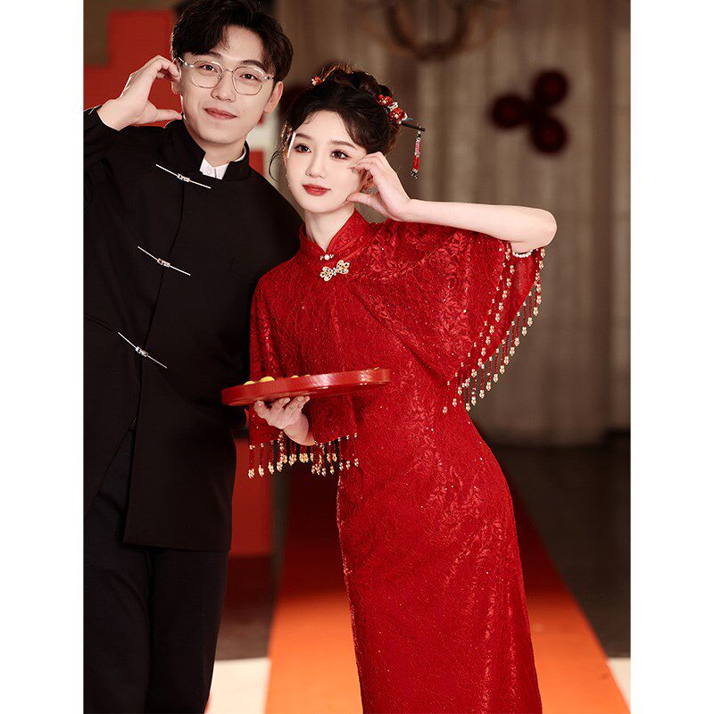 中式旗袍结婚酒红色敬酒服新娘披肩订婚礼服小个子连衣裙平时可穿