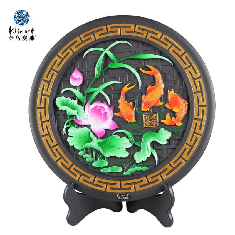 金乌炭雕《连年有余》中式家居装饰 炭雕工艺品摆件 乔迁新居礼品