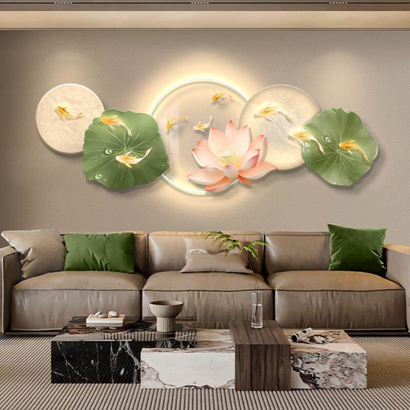 九鱼图荷花客厅装饰画沙发背景墙LED灯光挂画轻奢高级感莲花壁画