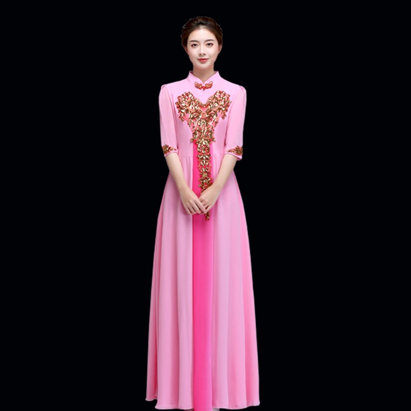新款大合唱团演出服中老年长裙舞台装女成人表演服亮片主持人礼服