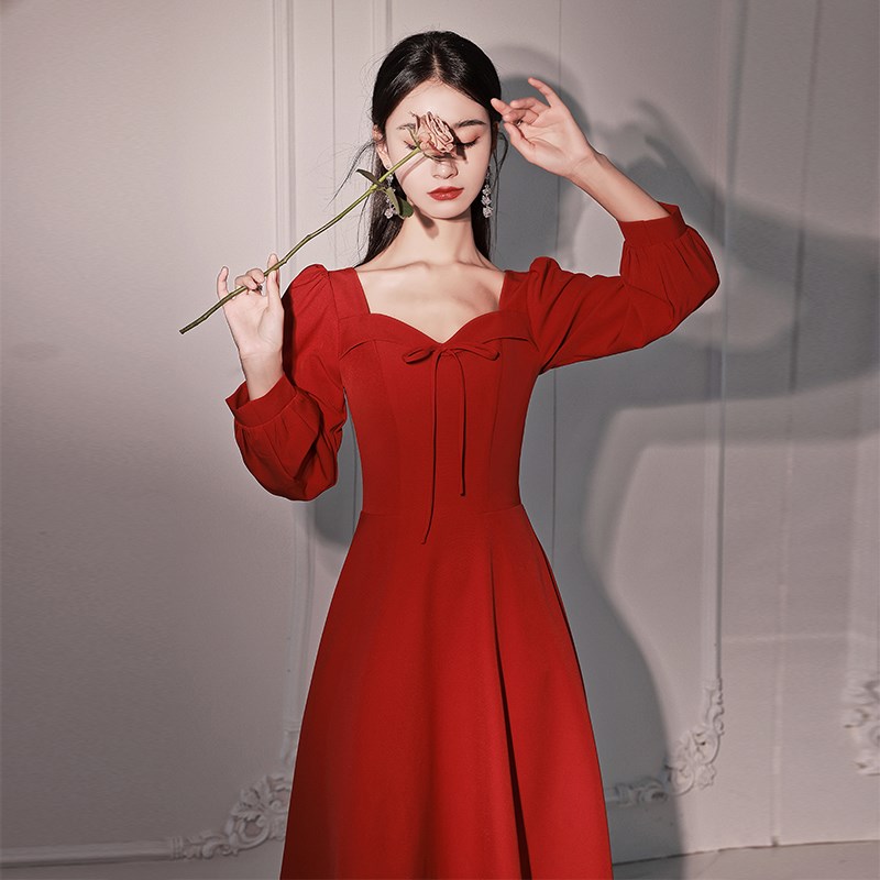 小个子敬酒服新娘红色连衣裙平时可穿订婚礼服裙回门便装秋冬长袖
