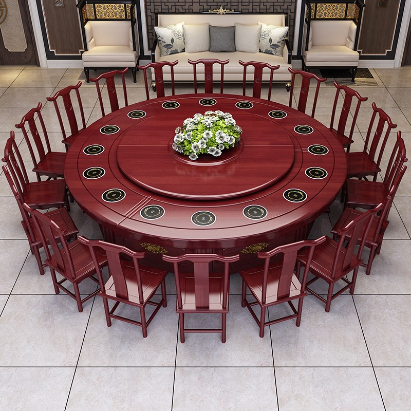 酒店电动餐桌大圆桌20人饭店包厢带电磁炉自动旋转15人实木火锅桌