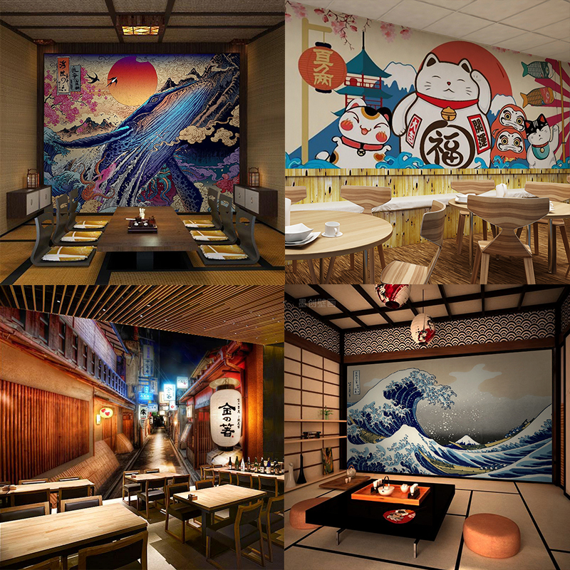 日式墙纸浮世绘背景壁画卧室和风自粘寿司餐厅装饰海浪防水榻榻米