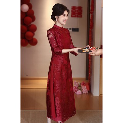 极速喜婆婆婚宴装妈妈结婚礼服红色蕾丝旗袍遮肚子新中式喜服大码