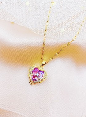 2022新款海洋之心钛钢项链满钻七彩水晶吊坠锁骨链潮流网红毛衣炼