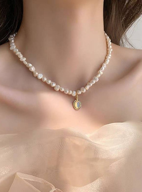 月光石吊坠淡水珍珠项炼女小众设计感天然巴洛克珍珠锁骨链颈炼潮