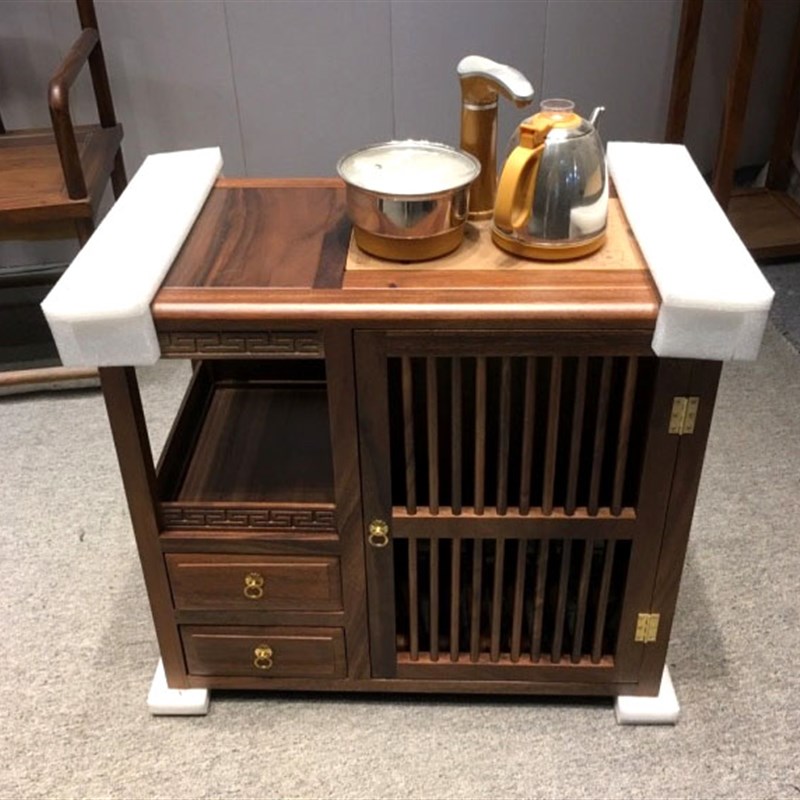 胡桃木实木茶水柜餐柜储物双抽屉简约新中式简约柜子不含电磁炉