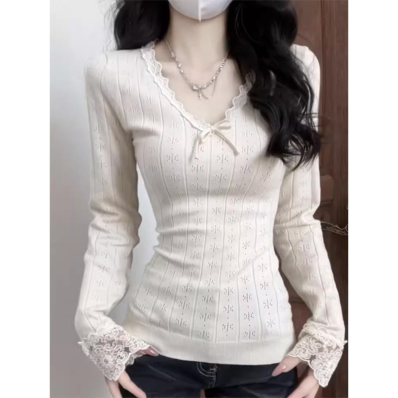 早秋季氛围感穿搭蕾丝v领长袖针织衫韩系修身显瘦蝴蝶结打底上衣,女装/女士精品,毛针织衫,淘宝优惠券,粉丝福利购,淘宝优惠卷