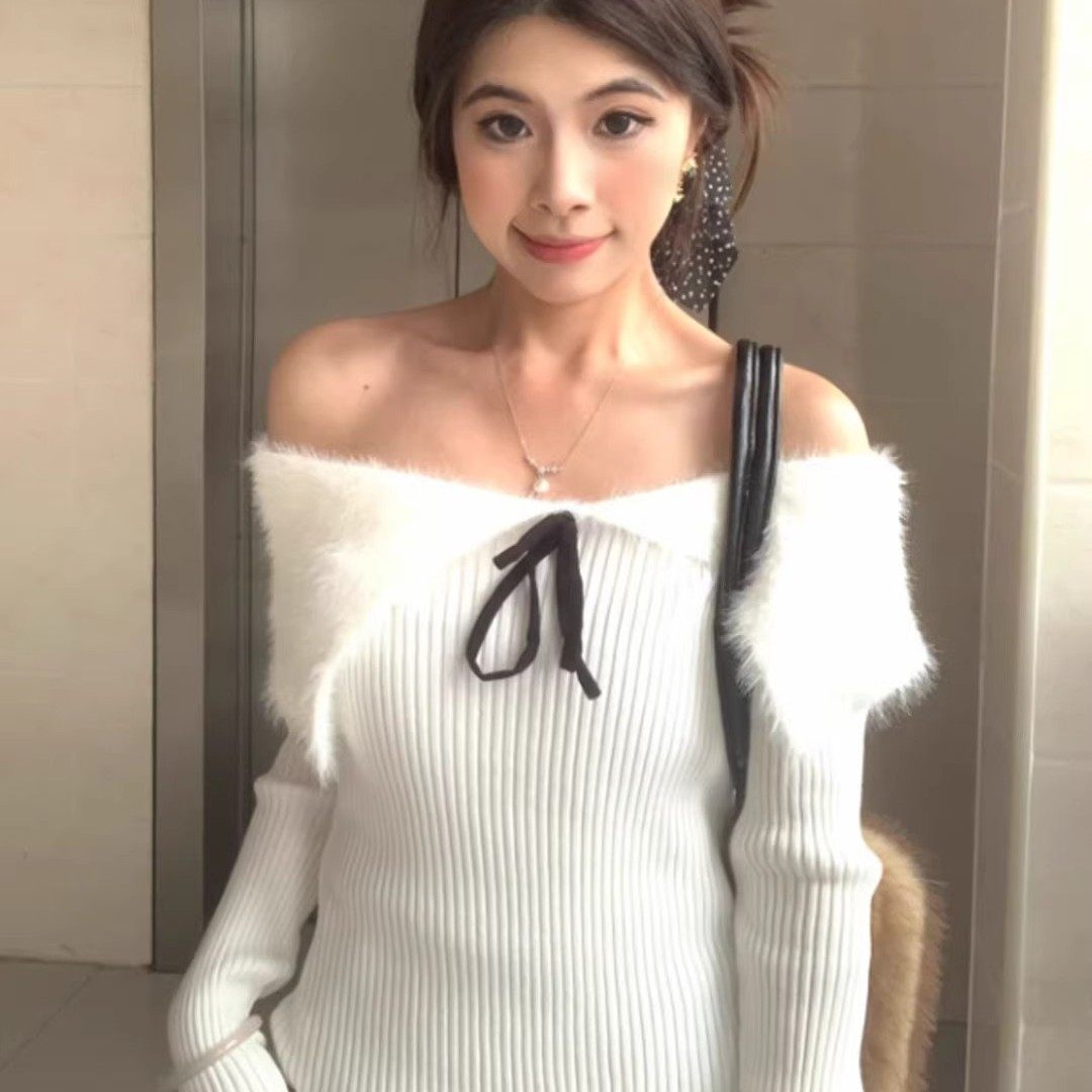 法式一字肩毛边拼接蝴蝶结系带毛衣女早春新款修身内搭针织衫上衣,女装/女士精品,毛针织衫,淘宝优惠券,粉丝福利购,淘宝优惠卷