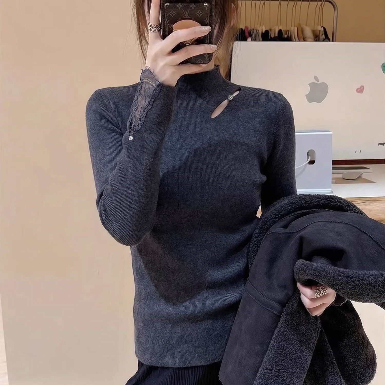 蕾丝拼接镂空半高领针织打底衫女春秋冬高级感毛衣内搭修身小上衣,女装/女士精品,毛针织衫,淘宝优惠券,粉丝福利购,淘宝优惠卷