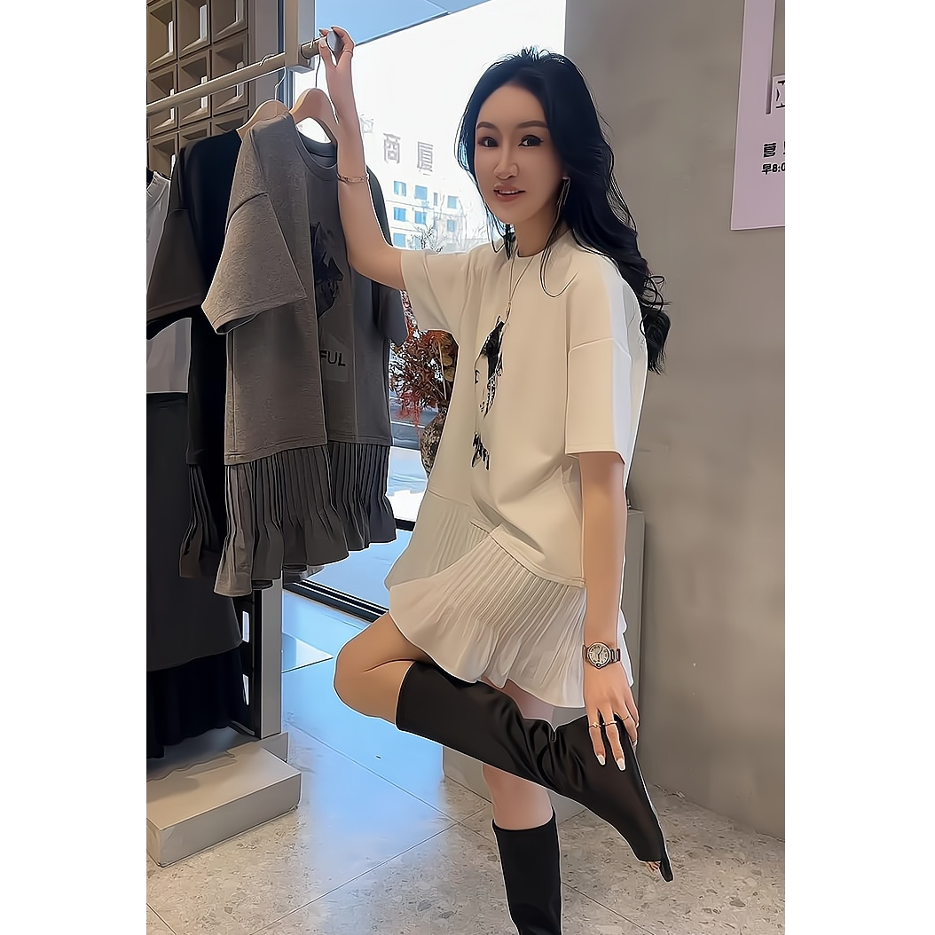 夏季2026新款时尚圆领印花短袖T恤裙洋气休闲显瘦百搭中长款上衣