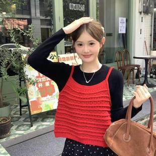 新款 牛仔裤 韩系套装 针织吊带上衣阔腿裤 子三件套 女韩版 2025年秋季