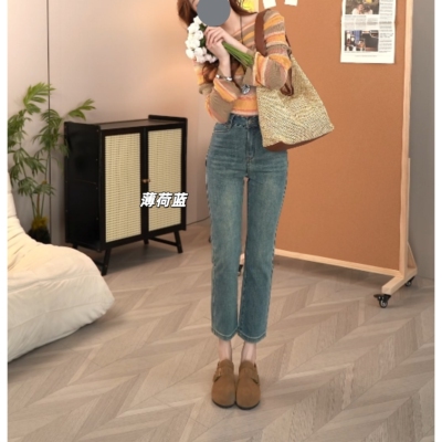 薄荷蓝春秋新款小个子烟管牛仔裤