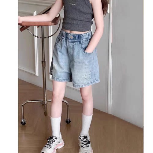 波童木女童夏季薄款牛仔短裤2025新款儿童裤子中大童学生洋气短裤