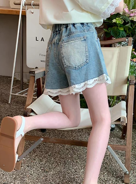 波童木花边女童牛仔短裤2025夏季薄款女孩韩版热裤大童学生三分裤