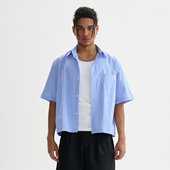 短袖 FIVE 男蓝色竖条纹T恤衬衣美式 boxy短款 MEN新短宽版 衬衫