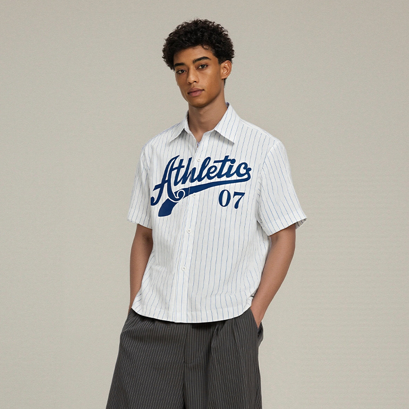 新款美式复古条纹印花衬衫