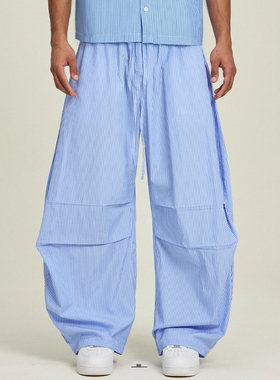 FIVE MEN慵懒蓝色条纹宽松阔腿休闲裤百搭显瘦弯刀裤