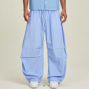 百搭显瘦弯刀裤 FIVE MEN慵懒蓝色条纹宽松阔腿休闲裤