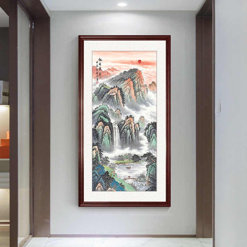 纯手绘国画山水画旭日东升东墙装饰画竖版玄关靠山挂画招财聚宝盆