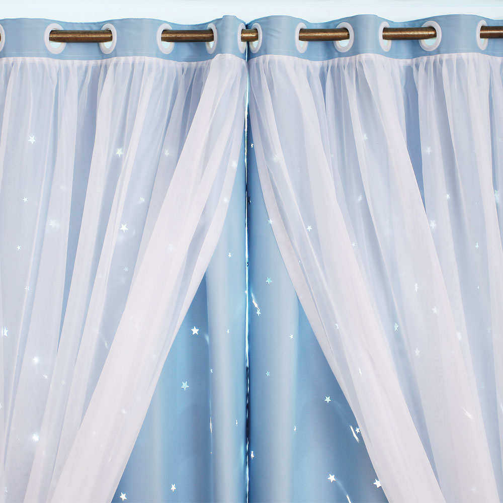 简约遮光韩式镂空星星双层布纱纯色公主粉色女孩卧室窗帘成品热卖
