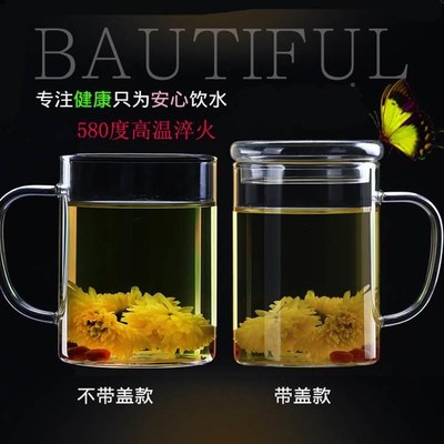 新品硼硅耐热家用水杯带把手大口玻璃杯子茶杯女带盖子勺子咖啡杯